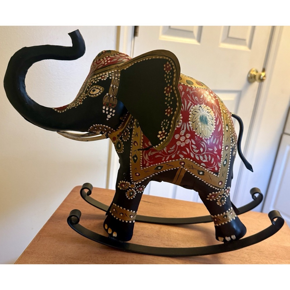 Vintage Metal Rocking Elephant Decor Hand Painted‎  18"